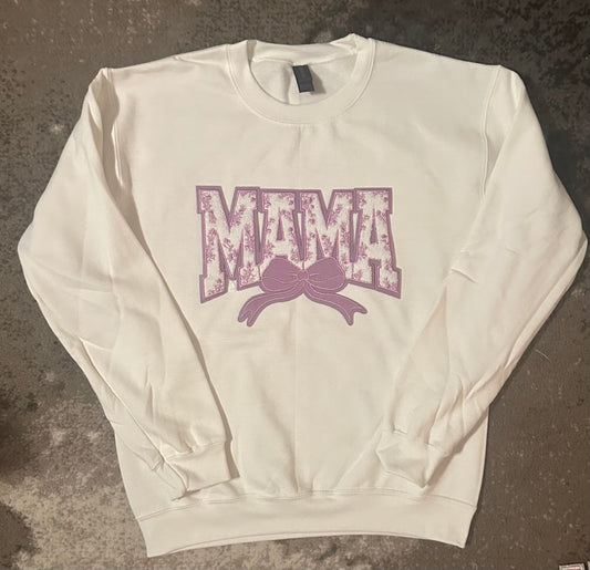 Pink Embroidered “Mama” White Crewneck