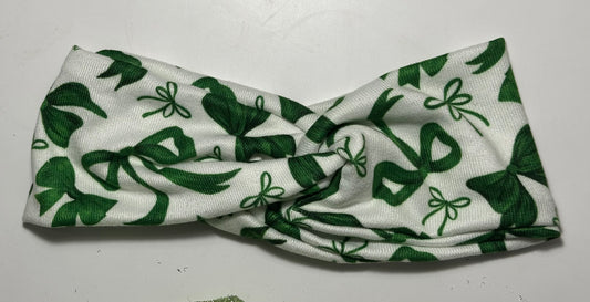 Green bows on white Twisted Knot headband